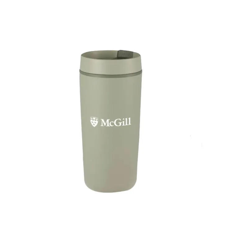 Sage McGill insulated travel mug with white McGill logo and slide‑lid opening