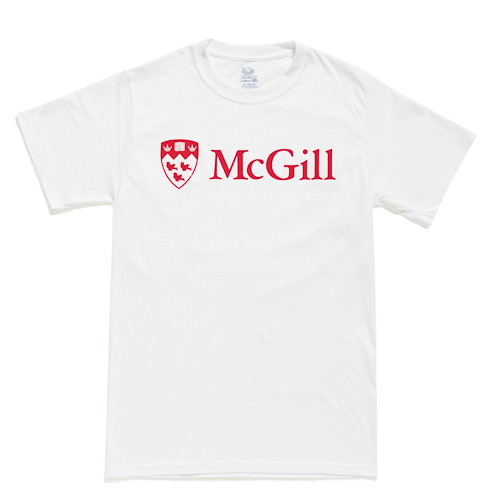 White McGill University short-sleeve t-shirt with white logo and 'McGill' text on the front.