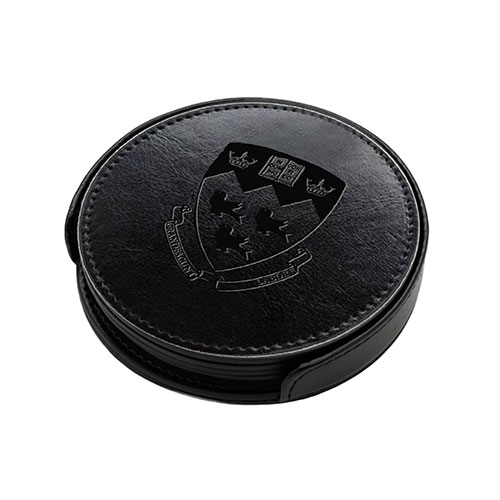 Set of 4 premium vegan leather drink coasters featuring a debossed McGill crest