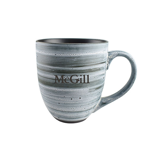 Inspired by nature, these ceramic bistro mugs are individually hand spun, so no two mugs are alike. Crafted to look and feel like clay, our grey swirl mugs feature a matte black interior and laser engraved McGill wordmark.  Dishwasher and microwave safe.