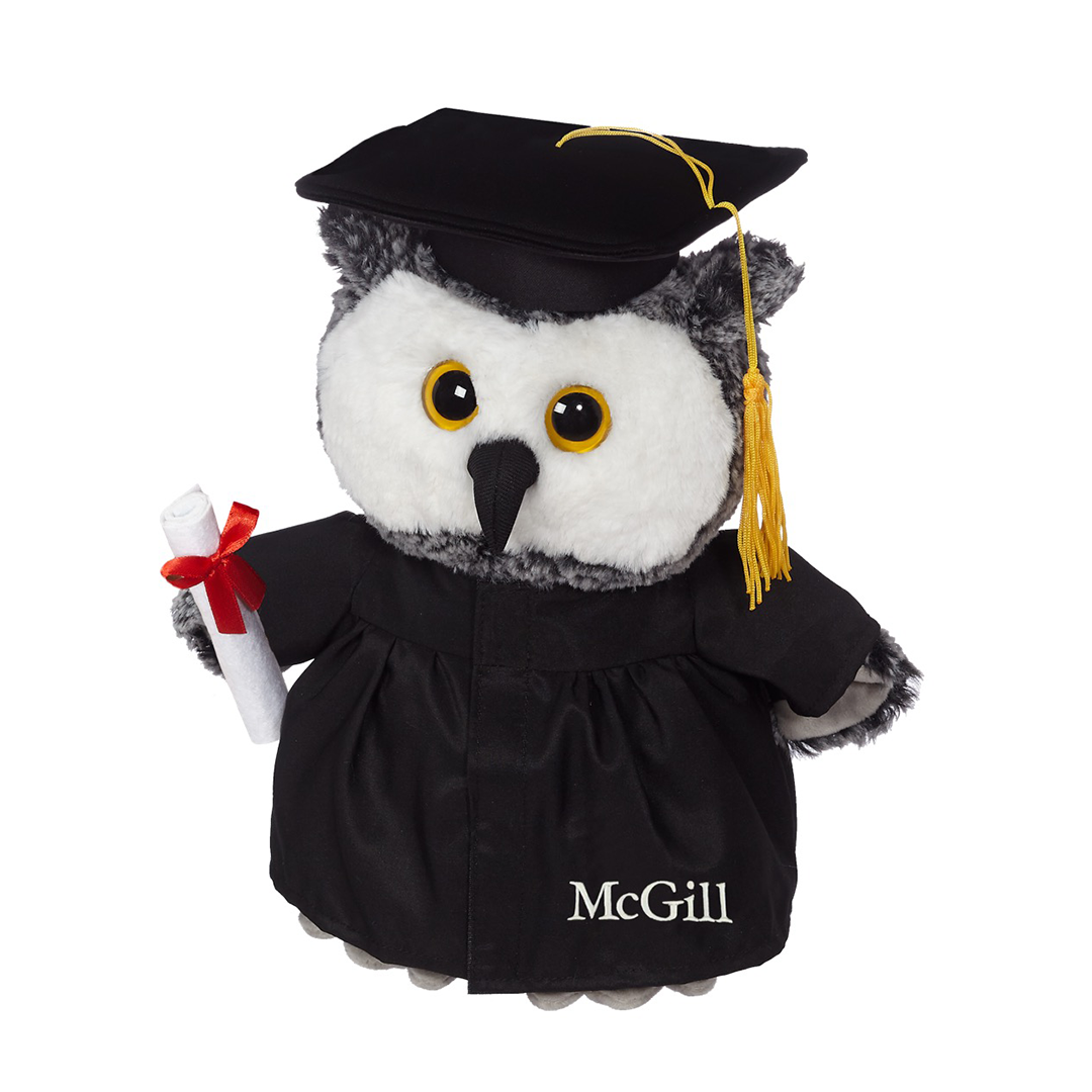 A 12 inch Owl Grad Plush carrying a diploma and wearing a grad cap and embroidered McGill gown.