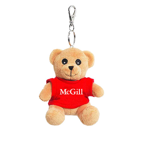Keychain with a 3” plush brown bear dressed in a red t-shirt imprinted with the McGill logo 