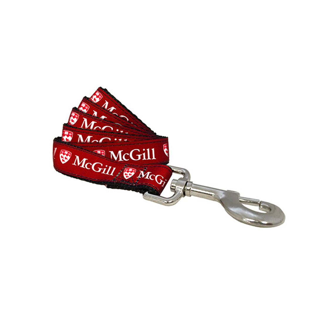 Nylon dog leash with red grosgrain ribbon printed with the McGill logo