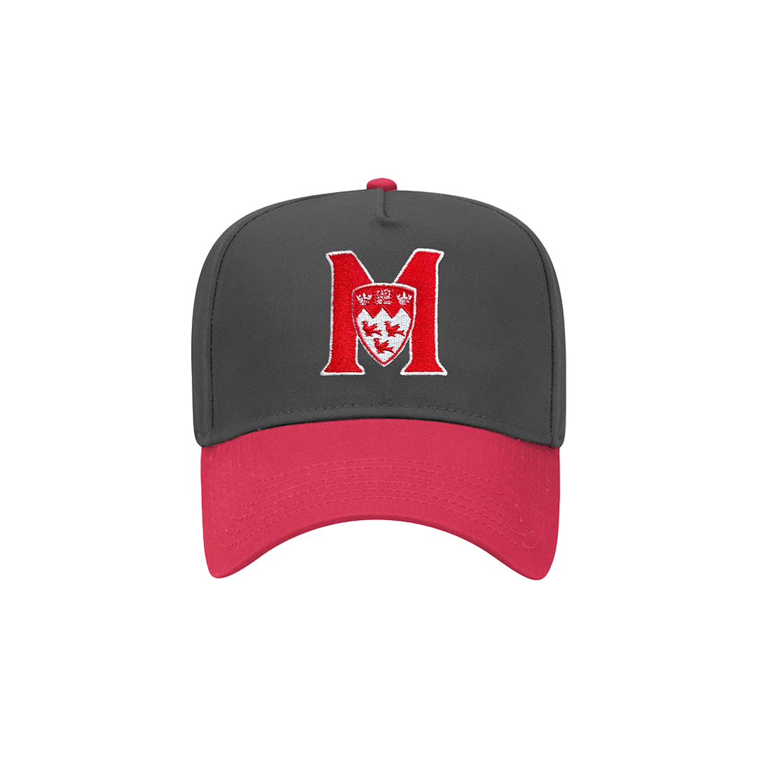 UNISEX - Stand out at the next game in this two-tone McGill Athletics cap. This cap has a structured, 5-panel construction with a firm, seamless front panel and 4 sewn eyelets done in the matching visor colour. Features a fabric under visor and inner sweatband as well as an adjustable plastic snap closure.  Finished with an embroidered McGill Athletics logo and curved bill.