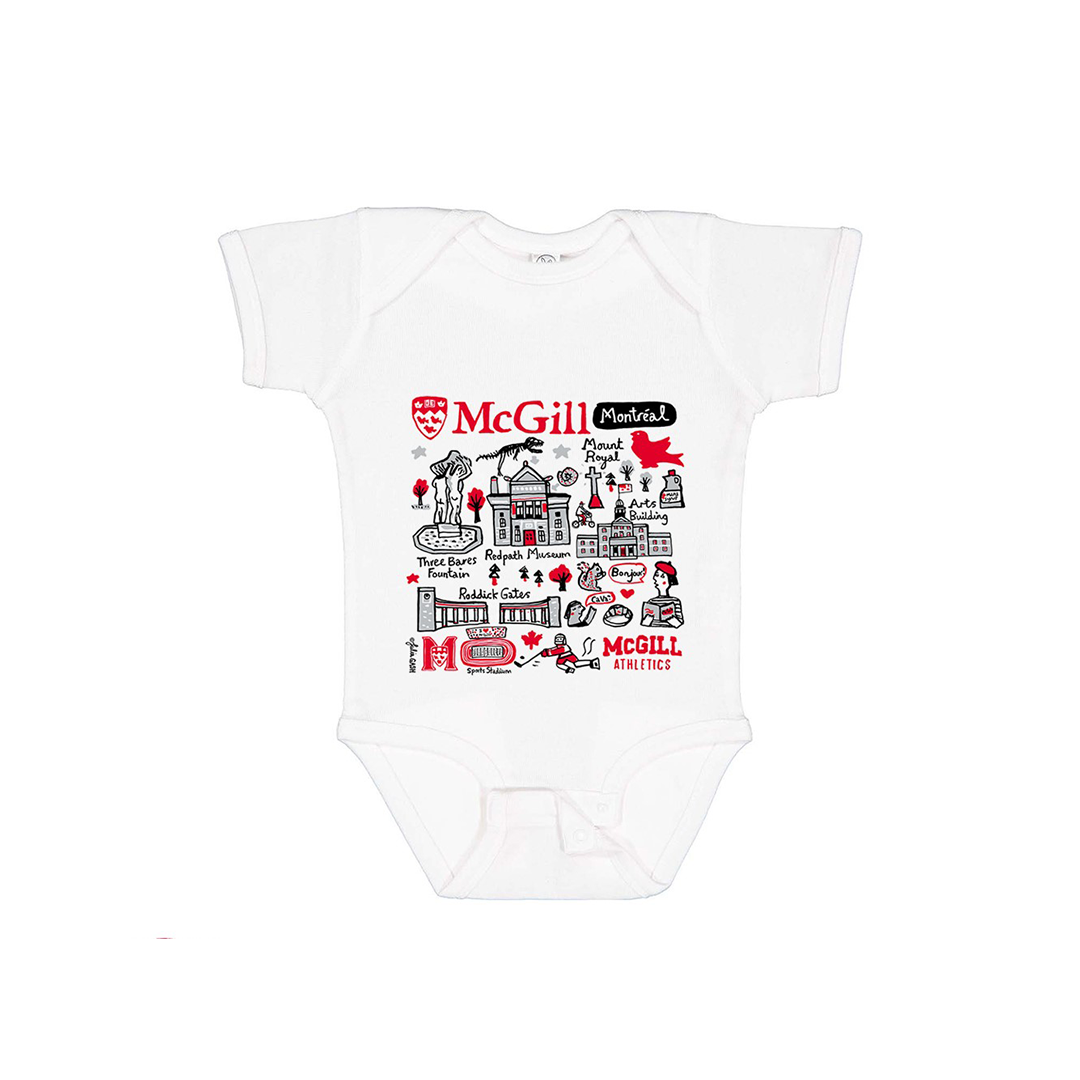 INFANT – Cover your little one in this charming McGill onesie. Soft on the skin and durable, it features a fun illustration of the McGill campus by artist Julia Gash. This short sleeve bodysuit features a snap closure for those quick and easy outfit changes. Adorable and practical – it is a must-have for any parent.