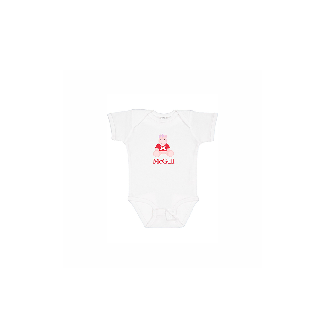 INFANT - Get them into the McGill state of mind early! This one-piece short sleeve bodysuit features lap shoulders and a 3-snap closure for those quick and easy outfit changes. Includes an adorable cartoon unicorn and the McGill wordmark.  An ideal gift for new parents.