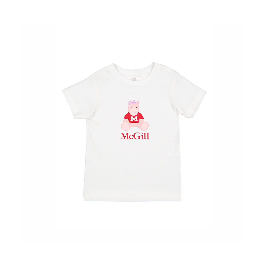 TODDLER – This cute crew neck t-shirt for toddlers has short sleeves and a ribbed collar. Worn layered or alone, is it soft yet durable. Includes an adorable cartoon unicorn and the McGill wordmark.  A cute gift idea for your favourite little one.