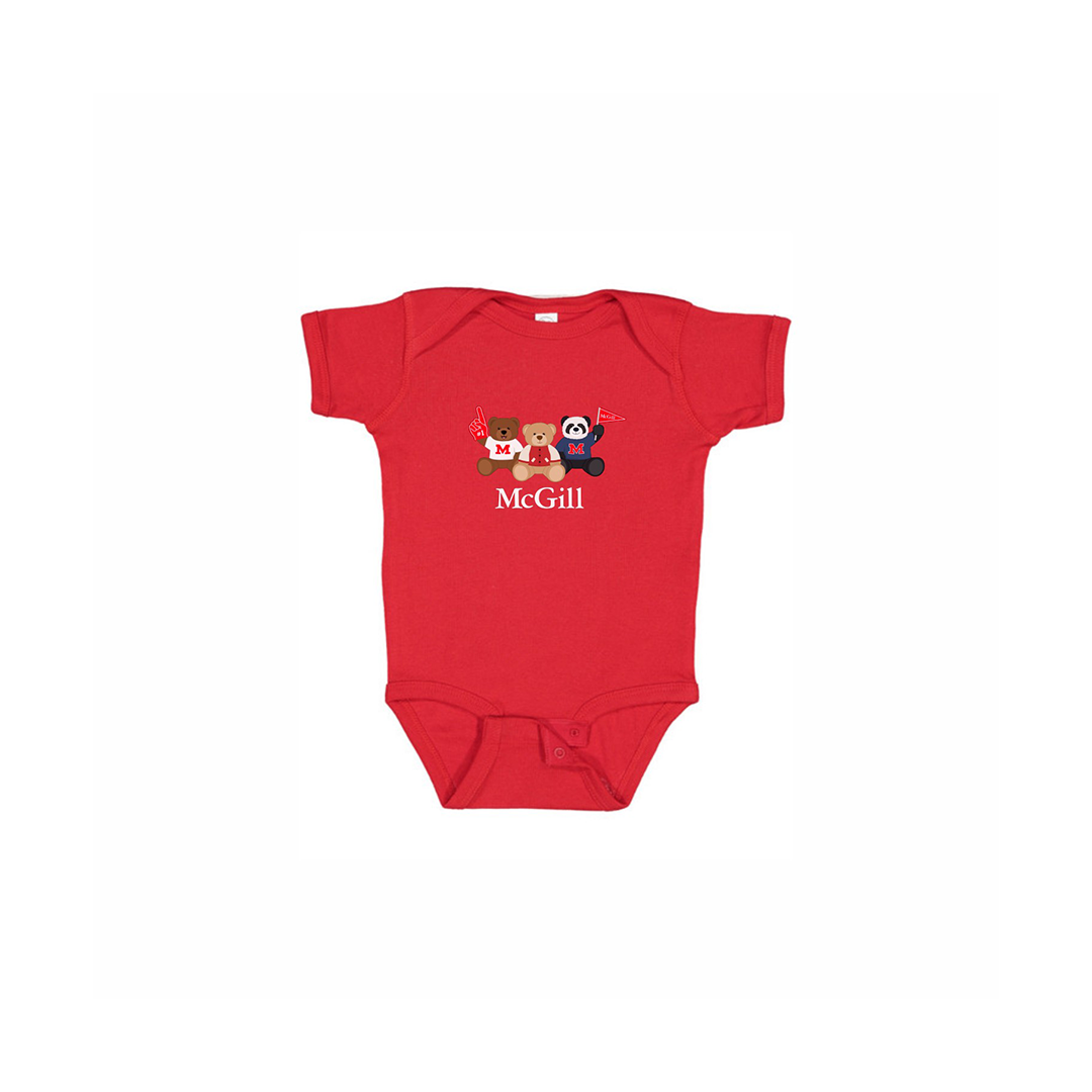 INFANT - Get them into the McGill state of mind early! This one-piece short sleeve bodysuit features lap shoulders and a 3-snap closure for those quick and easy outfit changes. Includes an adorable three bear design featuring the McGill wordmark.  An ideal gift for new parents.