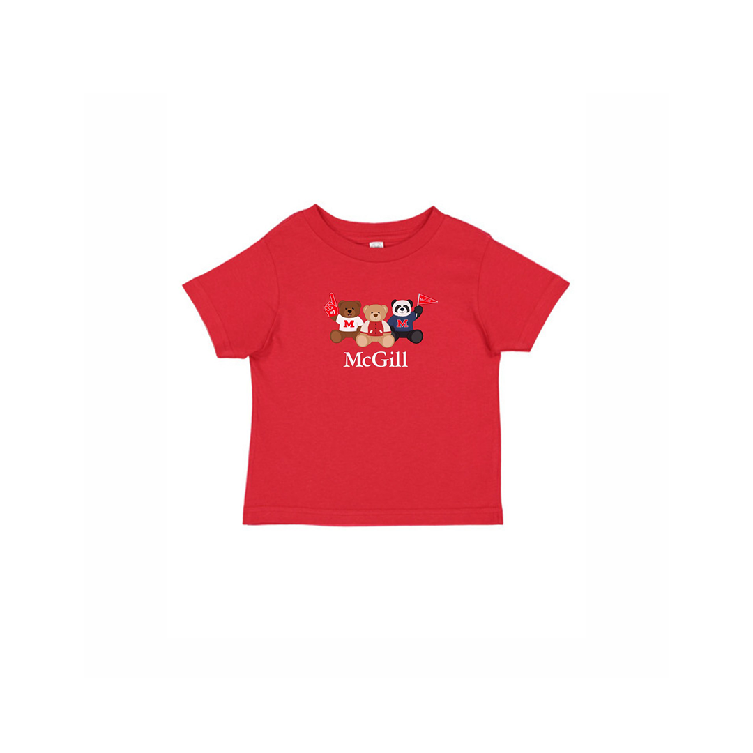 INFANT – This cute crew neck t-shirt for babies has short sleeves and a ribbed collar. Worn layered or alone, is it soft yet durable. Includes an adorable three bear design featuring the McGill wordmark.  An ideal gift for new parents