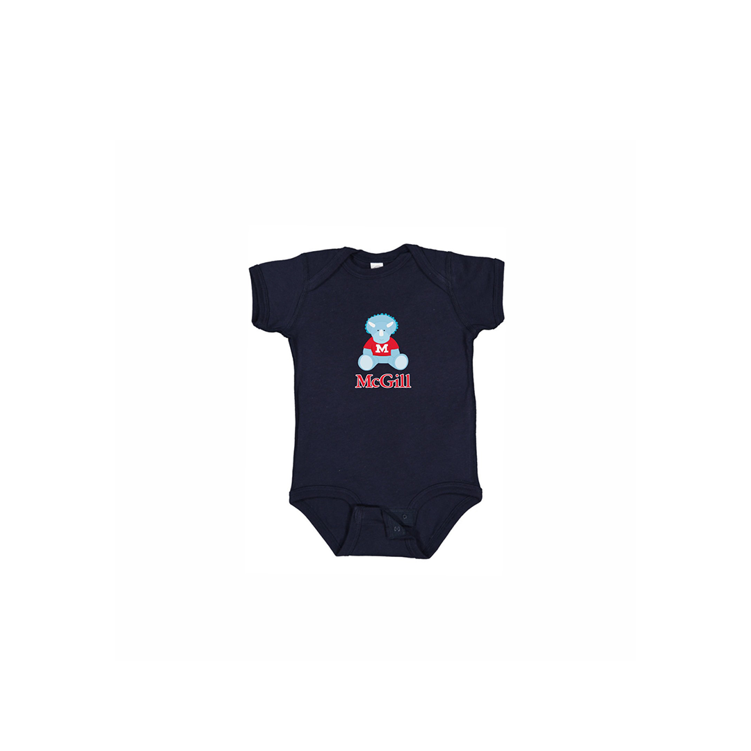 INFANT - Get them into the McGill state of mind early! This one-piece short sleeve bodysuit features lap shoulders and a 3-snap closure for those quick and easy outfit changes. Includes an adorable cartoon triceratops and the McGill wordmark.  An ideal gift for new parents.