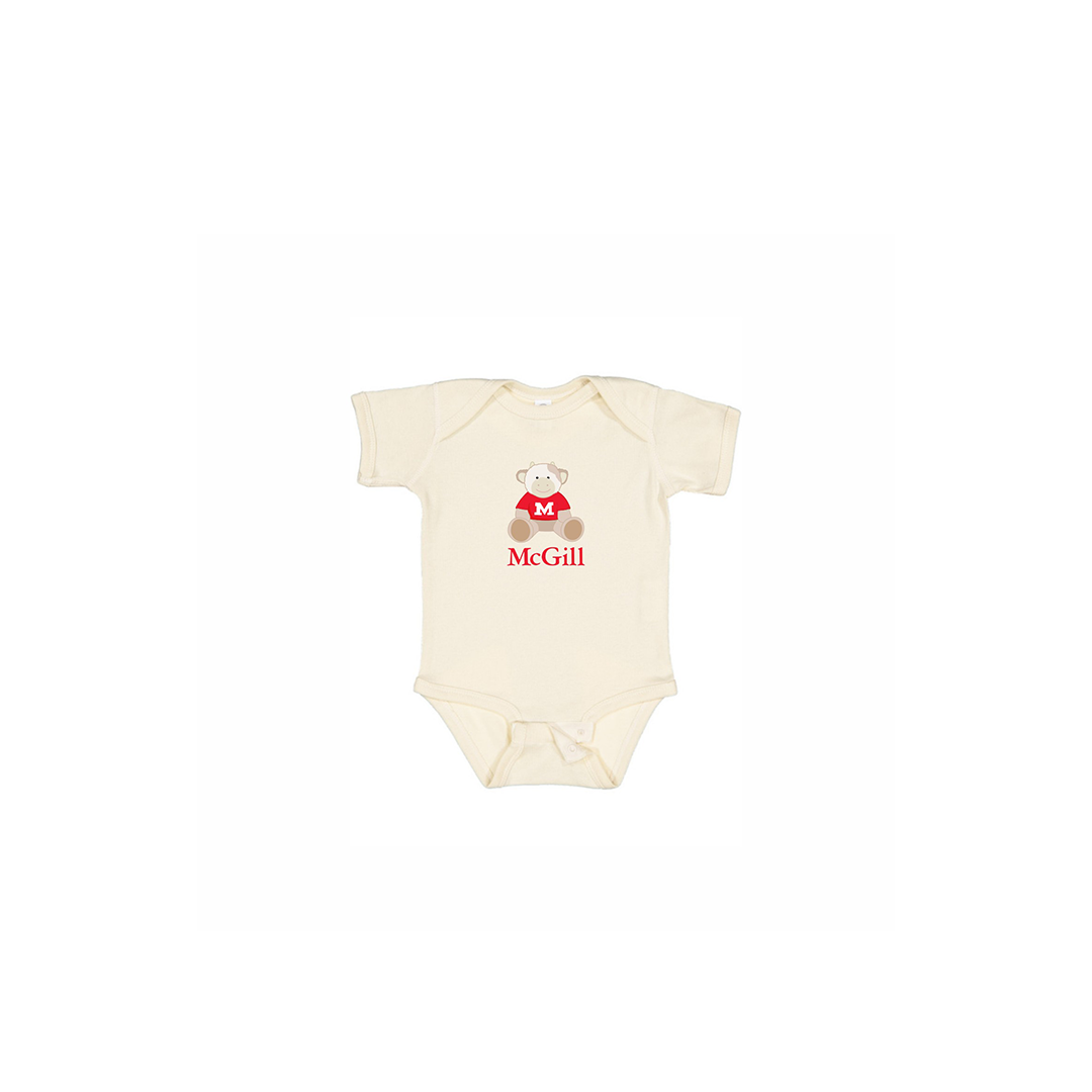 INFANT - Get them into the McGill state of mind early! This one-piece short sleeve bodysuit features lap shoulders and a 3-snap closure for those quick and easy outfit changes. Includes an adorable cartoon cow and the McGill wordmark.  An ideal gift for new parents.