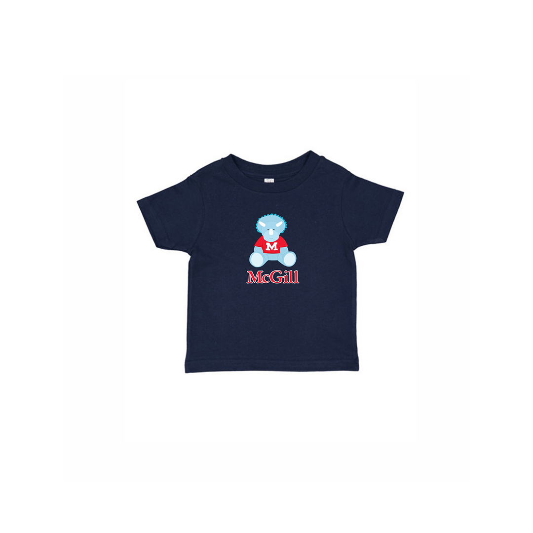 INFANT – This cute crew neck t-shirt for babies has short sleeves and a ribbed collar. Worn layered or alone, is it soft yet durable. Includes an adorable cartoon triceratops and the McGill wordmark.  An ideal gift for new parents.