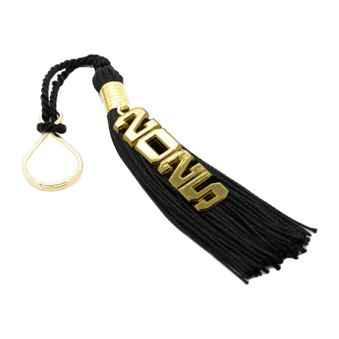 A plush black tassel with a cutout 14k gold plated "2025" charm and keyring.