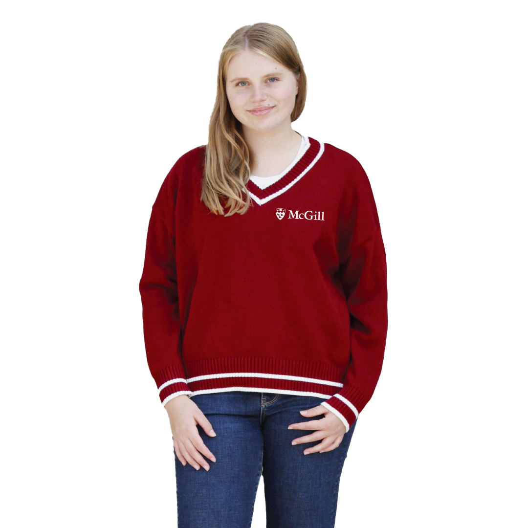 Our McGill V-neck Sweater is the perfect cozy knit for everyday wear. With a roomy fit, drop shoulder and contrasting varsity stripes, this sweater has an updated varsity feel. Features the McGill logo embroidered on the left chest