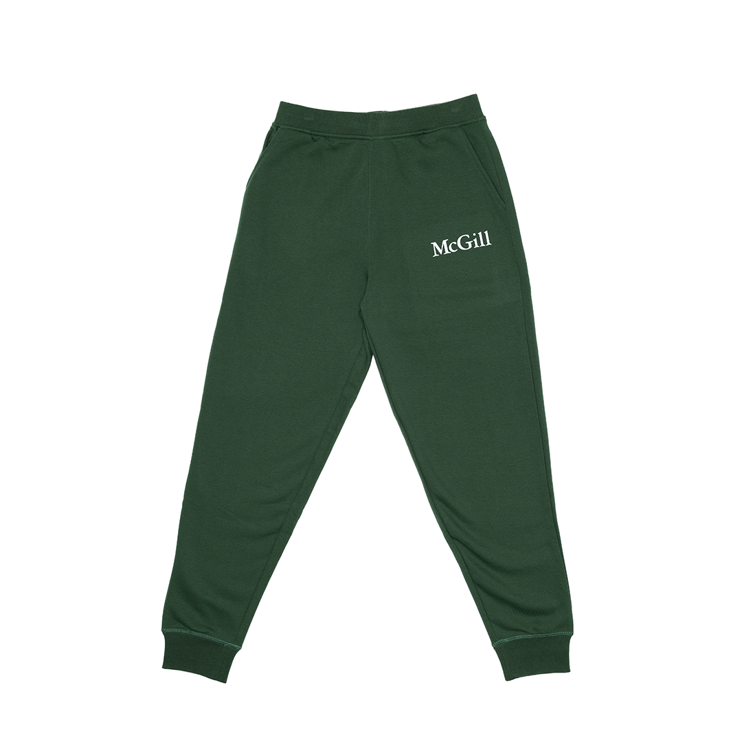 UNISEX - Comfortable and relaxed, these fleece joggers offer a tapered fit that's roomy through the thighs and hips and gradually narrowing towards the ankles for a modern, athletic silhouette. With side pockets and ribbed cuffs and waistband, they feature the McGill wordmark done in a white rubber print on the left hip