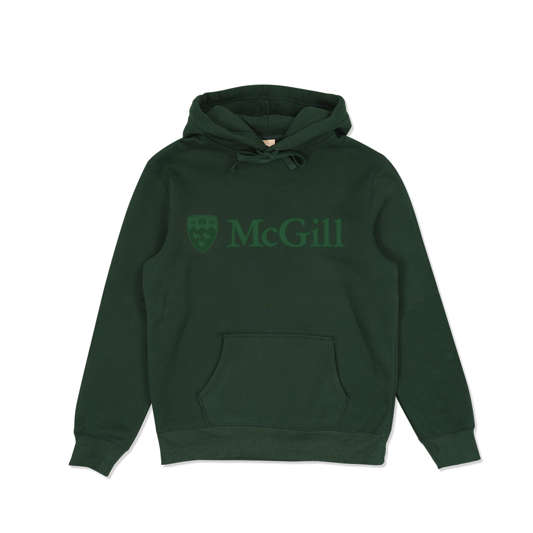 UNISEX - A new take on the Classic Hoodie. This unisex pullover hoodie is made from peached fleece and features a lined hood with drawstring, front pouch pocket, rib cuffs and waistband. Complete with a tonal chenille & embroidered McGill logo up front