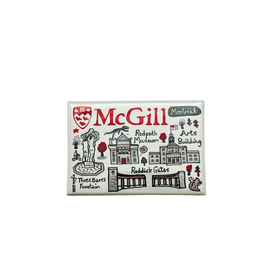 Premium quality magnet featuring an illustration of the McGill campus. Artwork by Julia Gash. A unique gift to remember all the things you love about your favourite university.