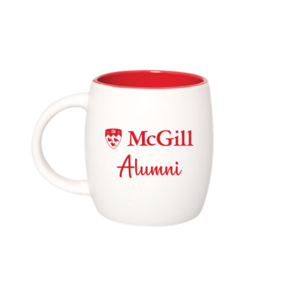 McGill Alumni - this one is for you! This large-capacity ceramic mug has a matte white exterior, a glossy red interior, and features the McGill Alumni decal on the front and back. Dishwasher and microwave safe.