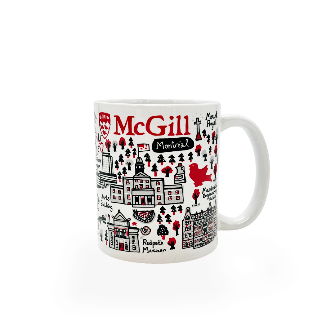 Sip your morning cup of coffee in our McGill by Julia Gash mug featuring a wrap-around print that depicts iconic McGill landmarks.