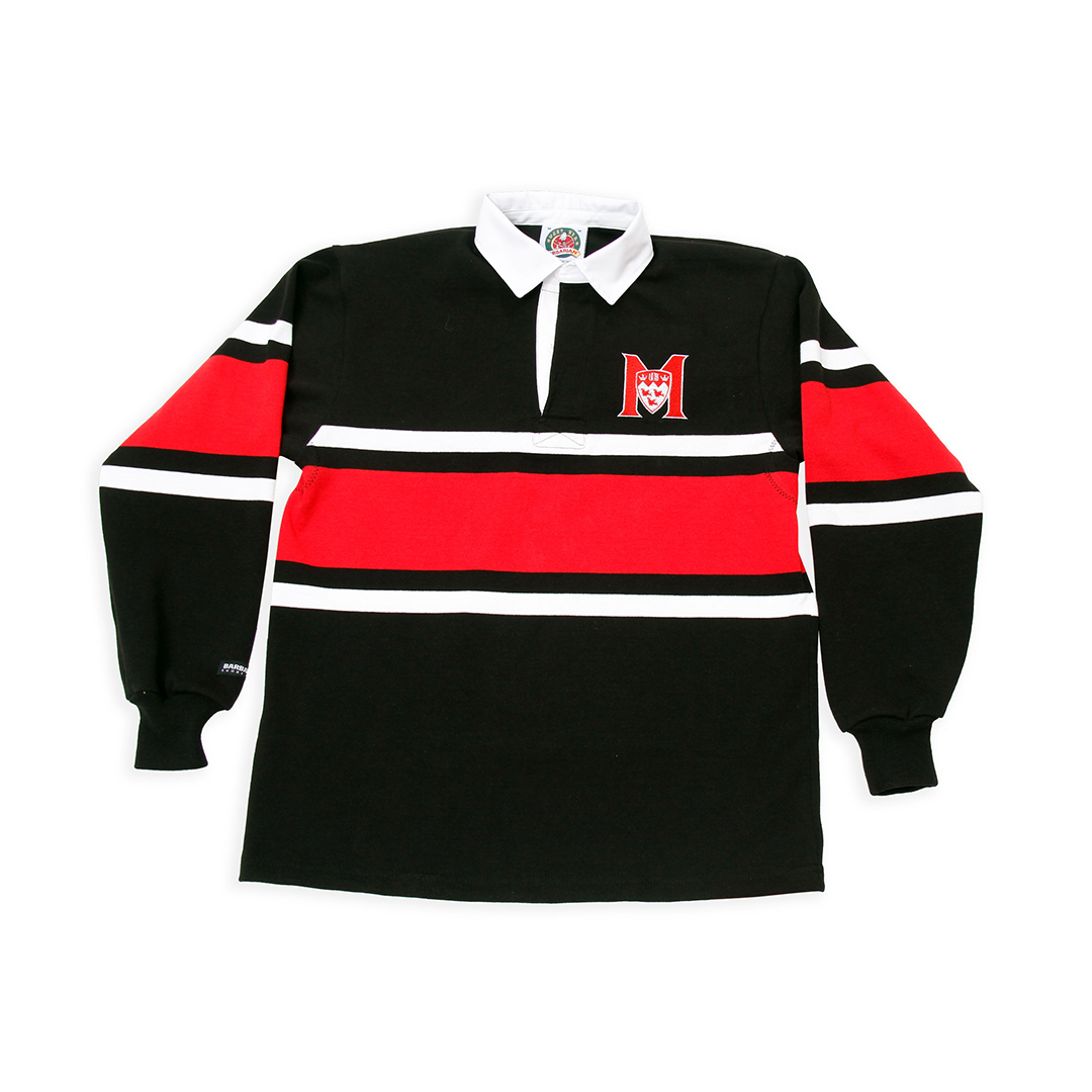 This tri-colour design, also known as The Rugby Stripe, offer a vintage ivy league look and feel. These shirts are sewn from 12oz knit cotton and made to authentic game-day specifications. Embroidered with the McGill Athletics logo on the left chest, it features a traditional white collar and placket as well as stretch cuffs.