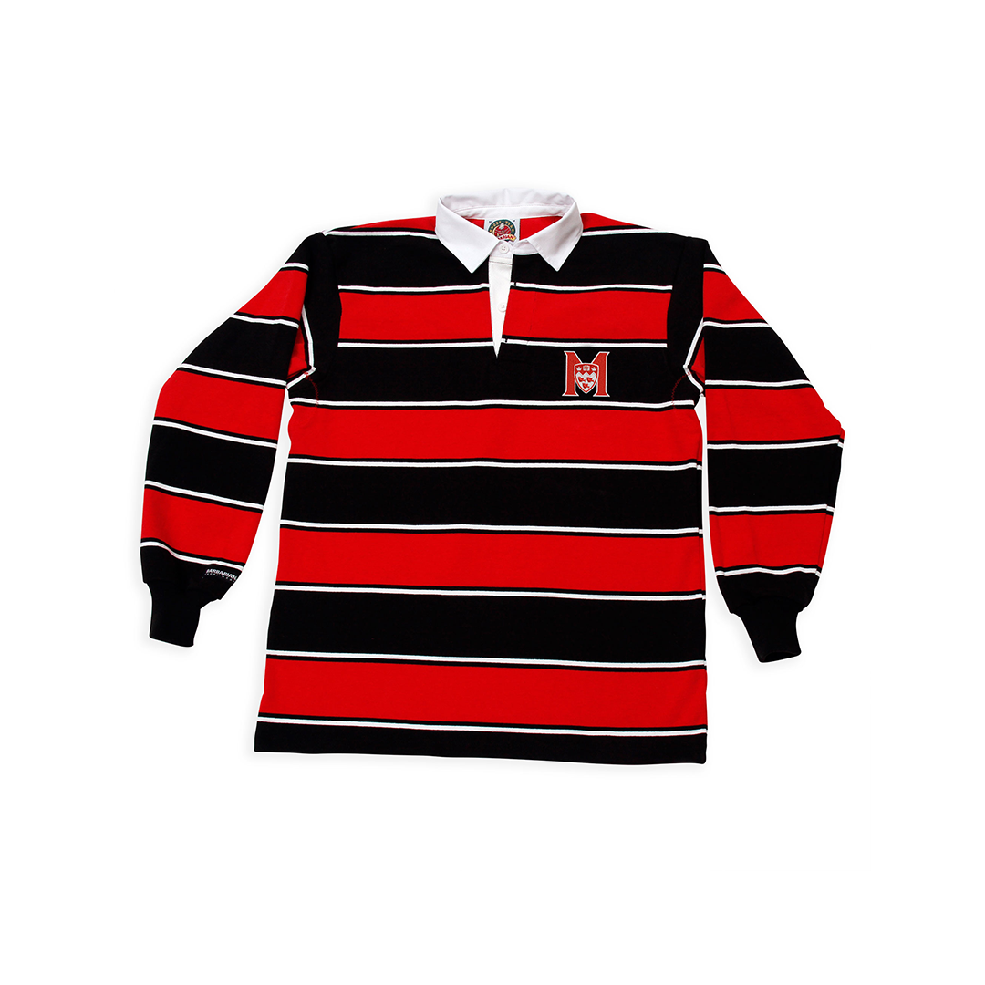 >UNISEX - Characterized by a bold tri-colour horizontal stripe pattern, these shirts are sewn from 12 oz knit cotton and made to authentic game-day specifications. Embroidered with the McGill Athletics logo on the left chest, they feature a traditional white collar and placket as well as stretch cuffs. Made in Canada