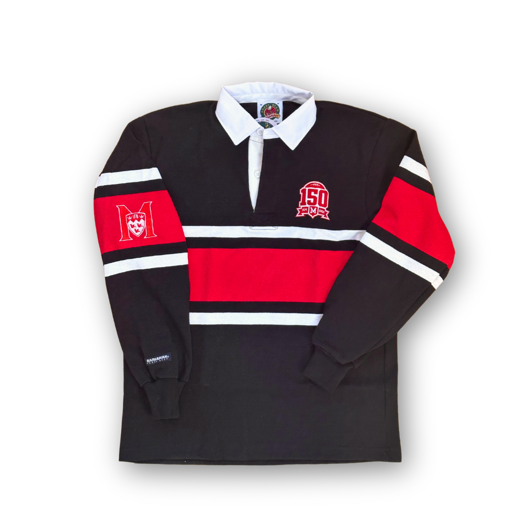 UNISEX - Celebrate the first ever intercollegiate game of rugby style football in North America and the McGill Redbirds 150 years of history against the Harvard Crimson.  This tri-colour design, also known as The Rugby Stripe, offers a vintage ivy league feel. These shirts are sewn from 12 oz knit cotton and made to authentic game-day specifications. Embroidered with the McGill Athletics logo on the arm and the commemorative 150th anniversary logo on the chest.