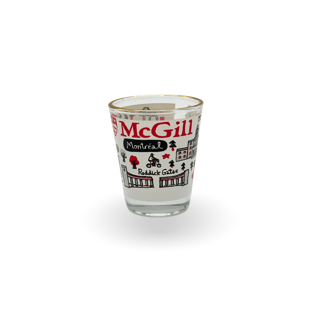 Raise a glass to McGill! This shot glass features an illustration of the McGill campus created by artist Julia Gash. The illustration depicts iconic McGill landmarks.