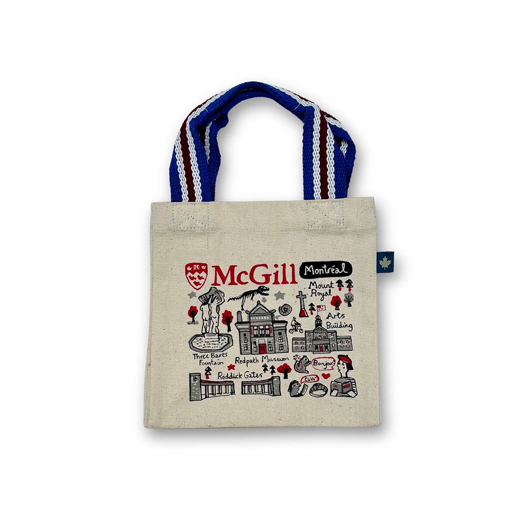 Mini tote bag features the McGill campus as imagined by illustration artist Julia Gash. The fun print includes everything we love about our iconic university. Includes colourful, woven handles to carry your lunch and small essentials for the day. 