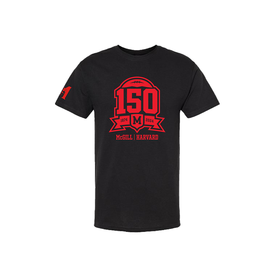 UNISEX - Celebrate the first ever intercollegiate game of rugby style football in North America and the McGill Redbirds 150 years of history against the Harvard Crimson. This soft cotton t-shirt features the commemorative 150th anniversary logo on the chest and the McGill Athletics logo on the arm.