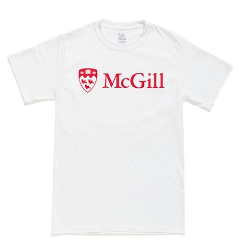 White McGill University short-sleeve t-shirt with white logo and 'McGill' text on the front.
