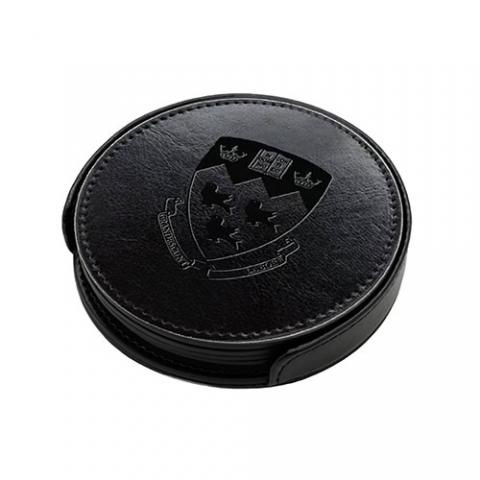 Set of 4 premium vegan leather drink coasters featuring a debossed McGill crest