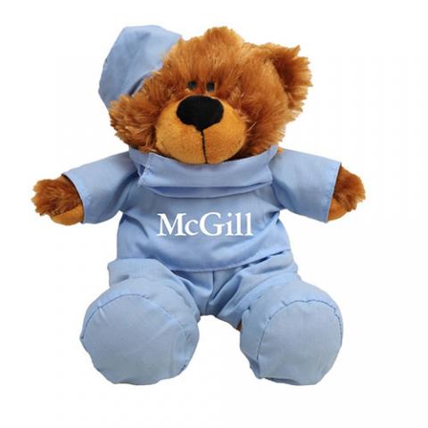 9” high, this Scrub Bear comes dressed in blue scrubs complete with a hat and mask and imprinted with the McGill logo.
