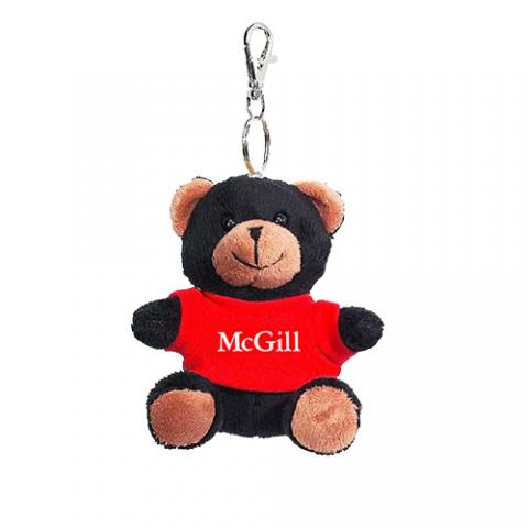 Keychain with a 3” plush black bear dressed in a red t-shirt imprinted with the McGill logo 
