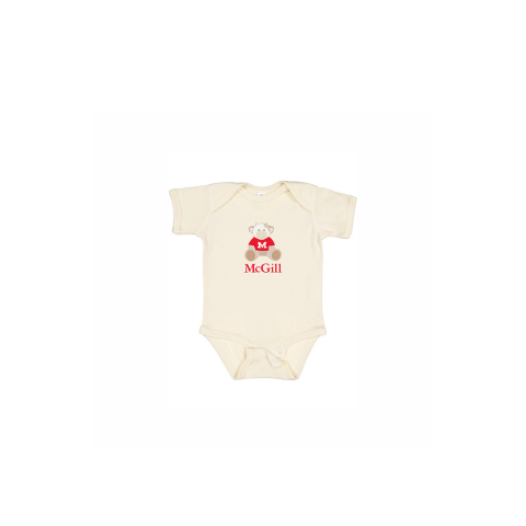 INFANT - Get them into the McGill state of mind early! This one-piece short sleeve bodysuit features lap shoulders and a 3-snap closure for those quick and easy outfit changes. Includes an adorable cartoon cow and the McGill wordmark.  An ideal gift for new parents.