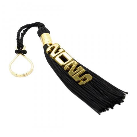 A plush black tassel with a cutout 14k gold plated "2025" charm and keyring.