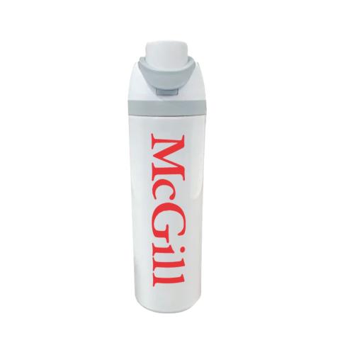 White reusable water bottle with a gray flip-top lid and red vertical text reading “McGill” along the side.