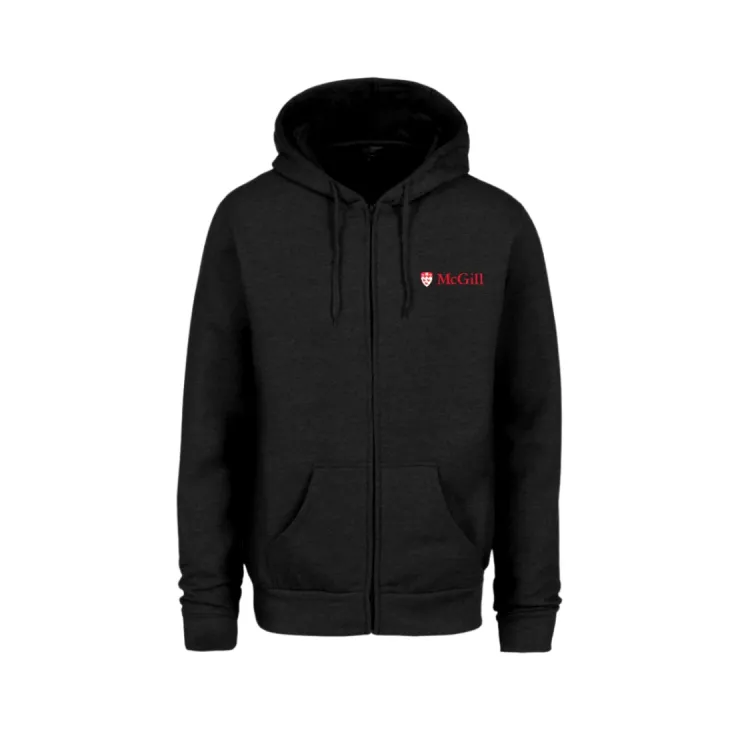 Black full-zip hoodie with drawstring hood and front pockets, featuring small red McGill logo on the left chest.