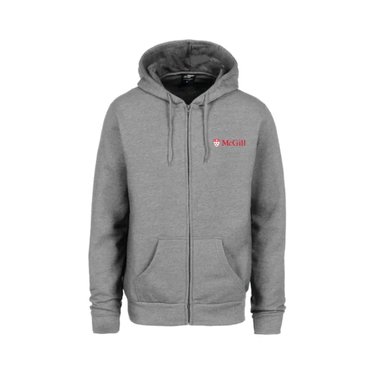 Grey full-zip hoodie with drawstring hood and front pockets, featuring small red McGill logo on the left chest.