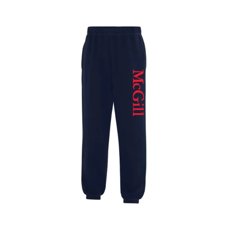 Navy blue jogger pants with elastic waistband and cuffs, featuring red vertical McGill logo on the left leg.