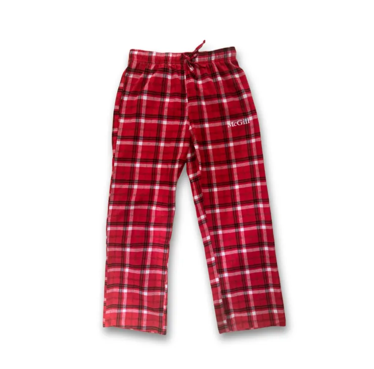 Red and black plaid pajama pants with elastic waistband and drawstring, featuring small white McGill logo on the left thigh.