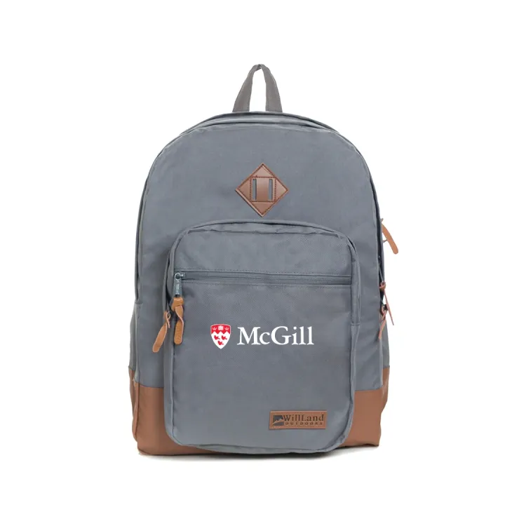 Grey McGill backpack by WillLand Outdoors with front zip pocket, leather accents, and McGill logo.