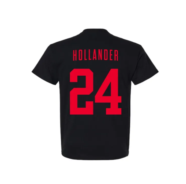 Back of black T-shirt with red ‘Hollander’ lettering and large red number 24
