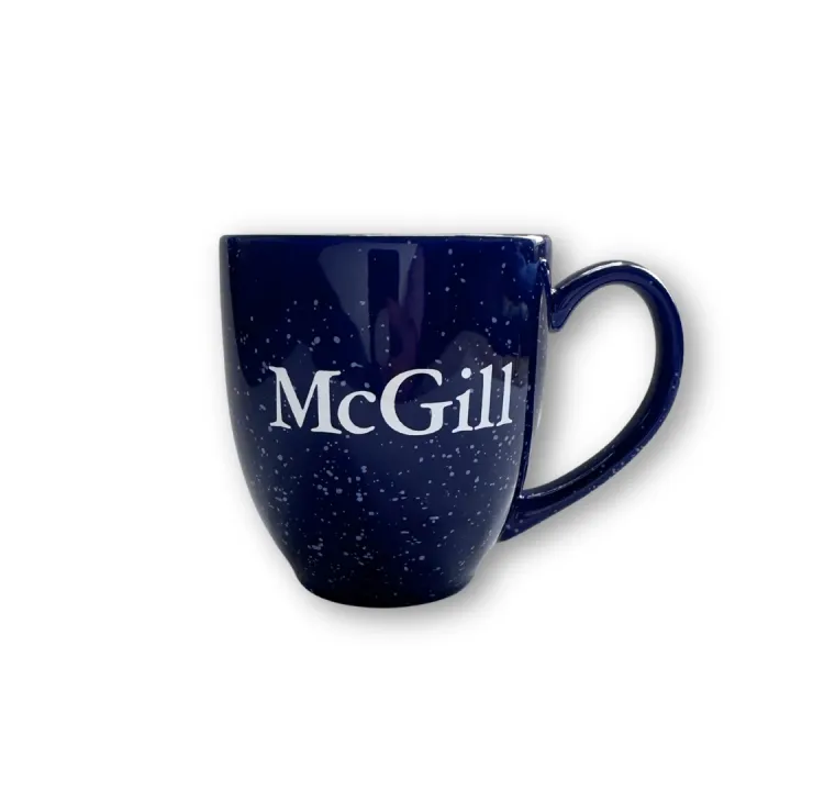 Navy blue speckled ceramic mug with white “McGill” logo on the front, shown against a white background.
