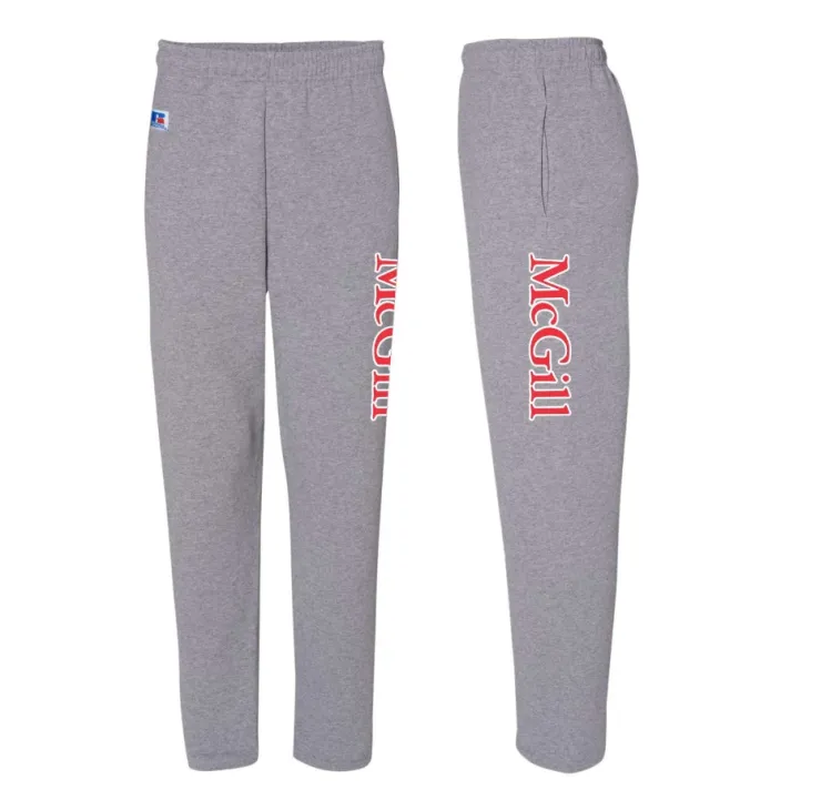 Grey sweatpants with elastic waist and “McGill” printed in red down the leg, shown from front and side views.