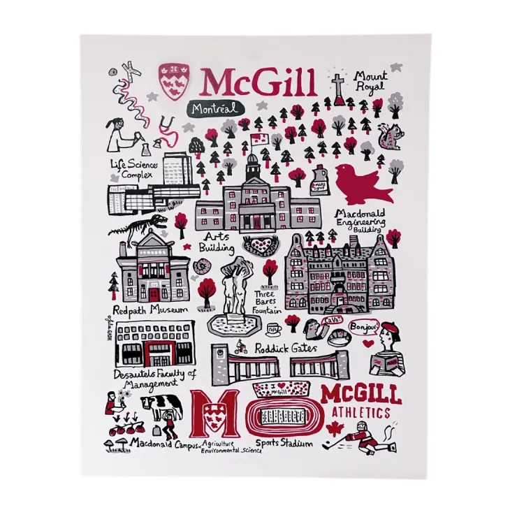 Illustrated McGill University campus map print by Julia Gash, featuring iconic Montreal buildings and landmarks.