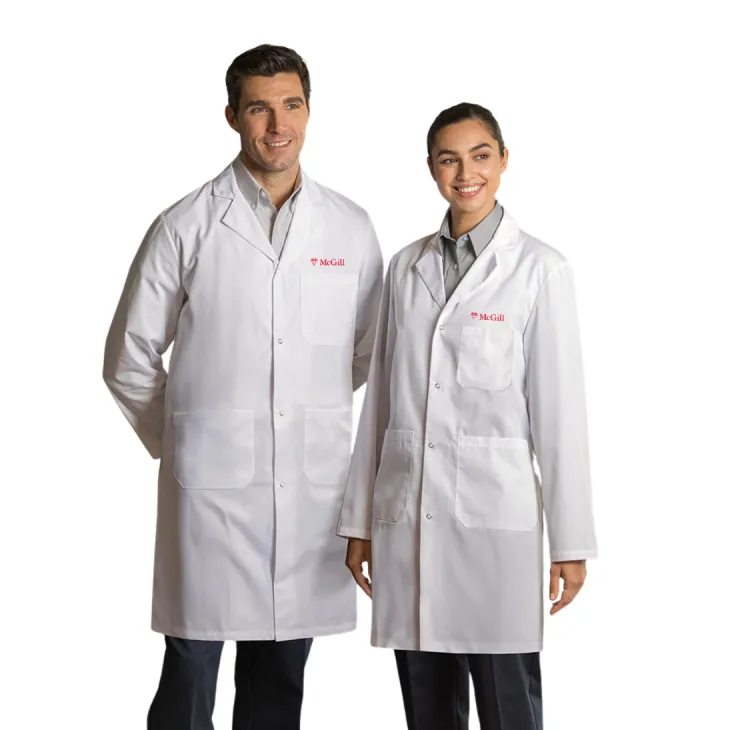McGill white lab coat with snap closure, long length, chest logo, and functional pockets for medical or lab work