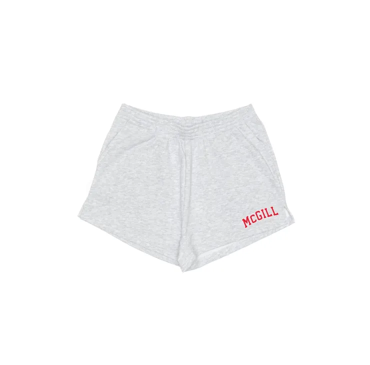 Grey McGill athletic shorts with elastic waistband and red McGill logo on the lower right leg.