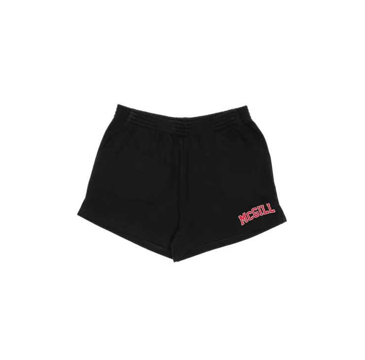 Black McGill athletic shorts with elastic waistband and red McGill logo on the lower right leg.