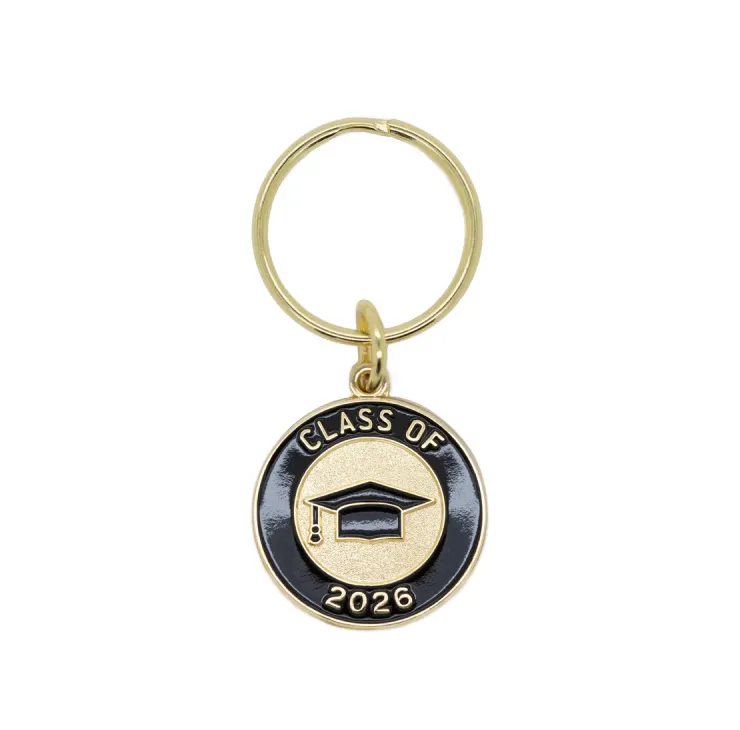 Class of 2026 graduation keychain with gold ring and black enamel medallion featuring cap icon and “Class of 2026” text