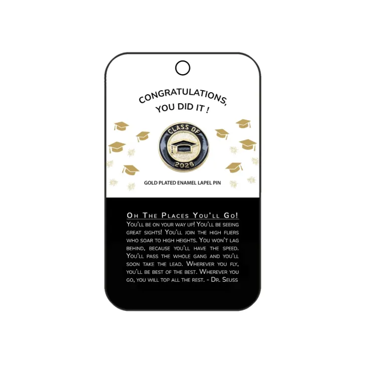 Class of 2026 graduation lapel pin displayed on retail card with cap icon, gold accents, and congratulatory message.